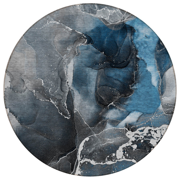 Homeroots 8' Round Ivory Blue And Gray Round Abstract Washable Non Skid Indoor Outdoor Area Rug Blue Polyester 559429