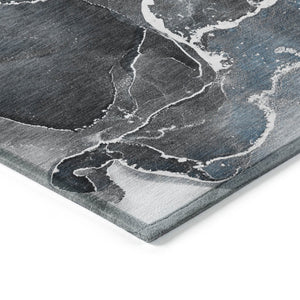 HomeRoots 5' Abstract Area Rug in Ivory, Blue & Gray - Machine Washable, Non-Skid, Indoor & Outdoor Use 8' Round 559429