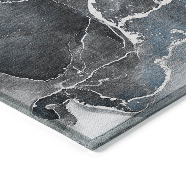 HomeRoots 5' Abstract Area Rug in Ivory, Blue & Gray - Machine Washable, Non-Skid, Indoor & Outdoor Use 8' Round 559429