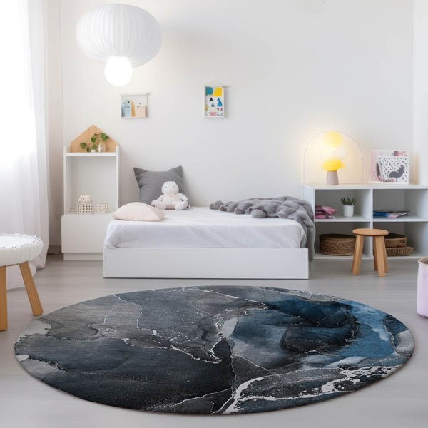 HomeRoots 5' Abstract Area Rug in Ivory, Blue & Gray - Machine Washable, Non-Skid, Indoor & Outdoor Use 8' Round 559429