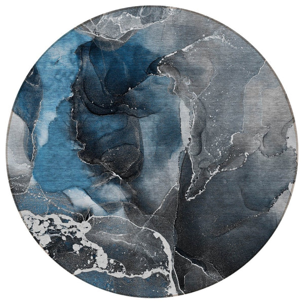 HomeRoots 5' Abstract Area Rug in Ivory, Blue & Gray - Machine Washable, Non-Skid, Indoor & Outdoor Use 8' Round 559429