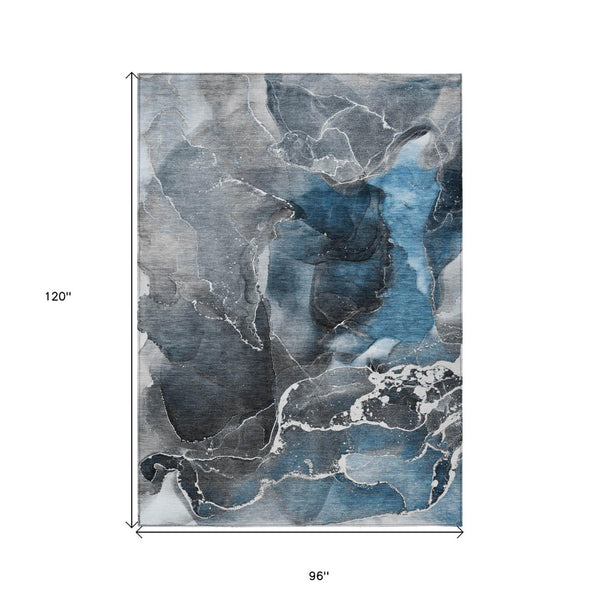 HomeRoots 5' Abstract Area Rug in Ivory, Blue & Gray - Machine Washable, Non-Skid, Indoor & Outdoor Use 8' X 10' 559430