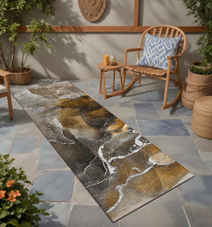 Homeroots 8' Runner Brown And Gray Abstract Washable Non Skid Indoor Outdoor Runner Rug Brown Polyester 559434