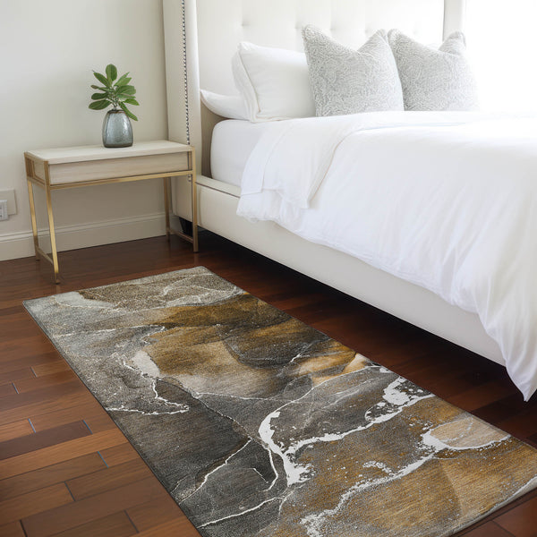 Homeroots 8' Runner Brown And Gray Abstract Washable Non Skid Indoor Outdoor Runner Rug Brown Polyester 559434