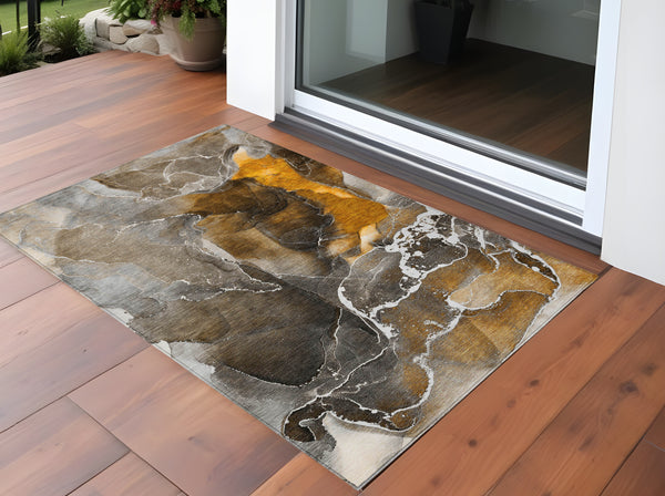 Homeroots 3' X 5' Brown And Gray Abstract Washable Non Skid Indoor Outdoor Area Rug Brown Polyester 559436