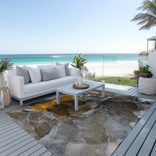 Homeroots 3' X 5' Brown And Gray Abstract Washable Non Skid Indoor Outdoor Area Rug Brown Polyester 559436