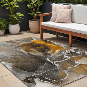 HomeRoots 5' Abstract Area Rug in Ivory, Blue & Gray - Machine Washable, Non-Skid, Indoor & Outdoor Use 8' X 10' 559439