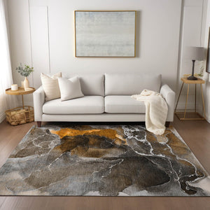 HomeRoots 5' Abstract Area Rug in Ivory, Blue & Gray - Machine Washable, Non-Skid, Indoor & Outdoor Use 9' X 12' 559440