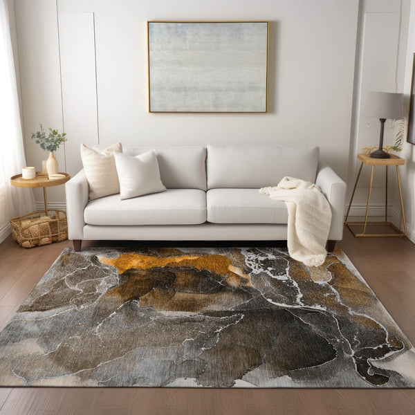 HomeRoots 5' Abstract Area Rug in Ivory, Blue & Gray - Machine Washable, Non-Skid, Indoor & Outdoor Use 9' X 12' 559440