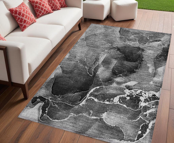 Homeroots 5' X 8' Black Gray And White Abstract Washable Non Skid Indoor Outdoor Area Rug Gray Polyester 559446