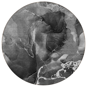 Homeroots 8' Round Black Gray And White Round Abstract Washable Non Skid Indoor Outdoor Area Rug Gray Polyester 559447