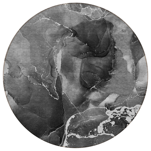 Homeroots 8' Round Black Gray And White Round Abstract Washable Non Skid Indoor Outdoor Area Rug Gray Polyester 559447