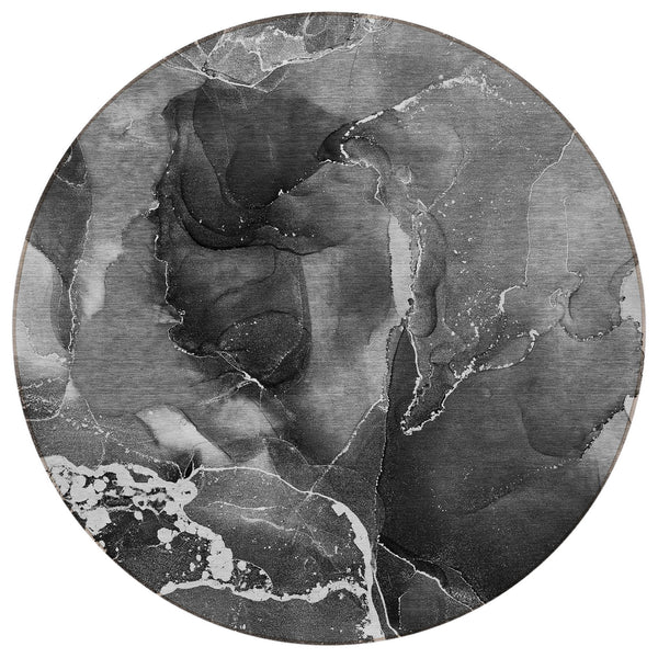 Homeroots 8' Round Black Gray And White Round Abstract Washable Non Skid Indoor Outdoor Area Rug Gray Polyester 559447