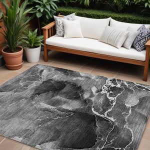 HomeRoots 5' Abstract Area Rug in Ivory, Blue & Gray - Machine Washable, Non-Skid, Indoor & Outdoor Use 8' X 10' 559448