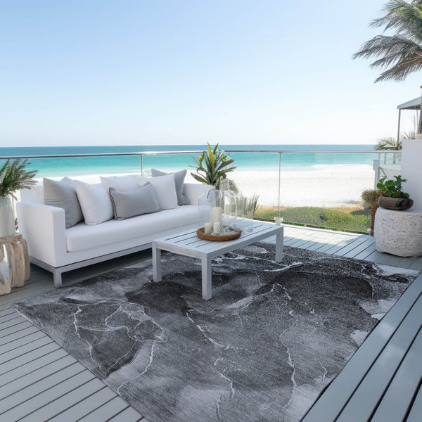 HomeRoots 5' Abstract Area Rug in Ivory, Blue & Gray - Machine Washable, Non-Skid, Indoor & Outdoor Use 8' X 10' 559448