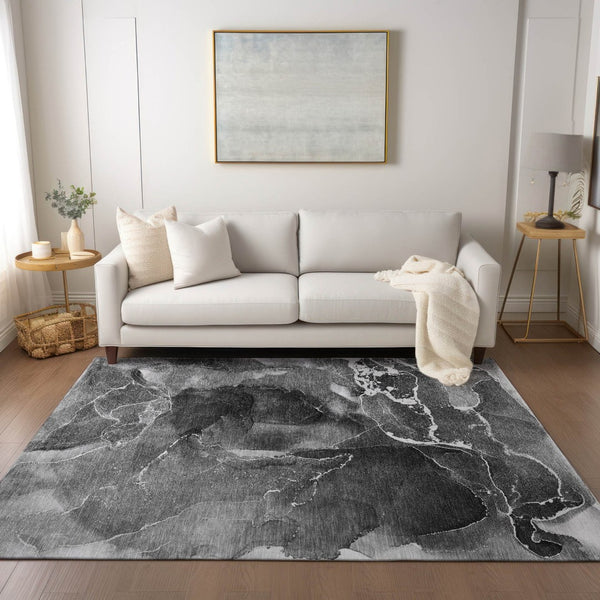 HomeRoots 5' Abstract Area Rug in Ivory, Blue & Gray - Machine Washable, Non-Skid, Indoor & Outdoor Use 9' X 12' 559449