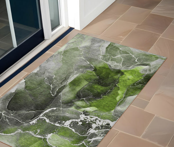 Homeroots 3' X 5' Green Abstract Washable Non Skid Indoor Outdoor Area Rug Green Polyester 559454
