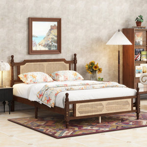 English Elm Queen Pine Bed with Rattan Headboard & Footboard, Walnut Finish, Space-Saving Central Platform Design W504P269833
