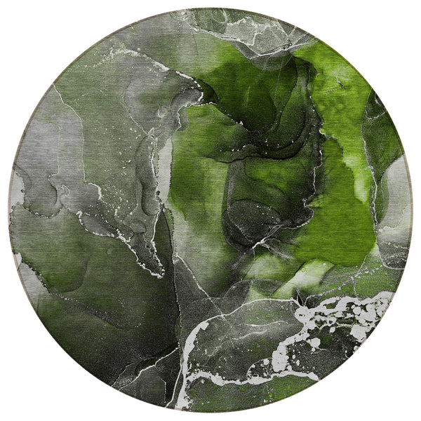 Homeroots 8' Round Green Round Abstract Washable Non Skid Indoor Outdoor Area Rug Green Polyester 559456