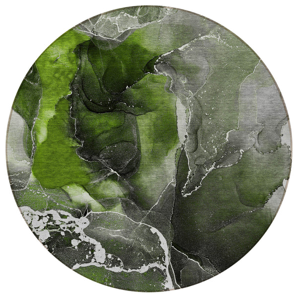 Homeroots 8' Round Green Round Abstract Washable Non Skid Indoor Outdoor Area Rug Green Polyester 559456