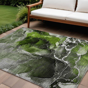 Homeroots 8' X 10' Green Abstract Washable Non Skid Indoor Outdoor Area Rug Green Polyester 559457
