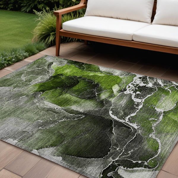 Homeroots 8' X 10' Green Abstract Washable Non Skid Indoor Outdoor Area Rug Green Polyester 559457
