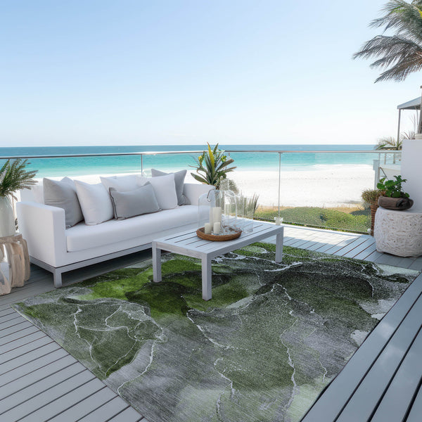 Homeroots 8' X 10' Green Abstract Washable Non Skid Indoor Outdoor Area Rug Green Polyester 559457