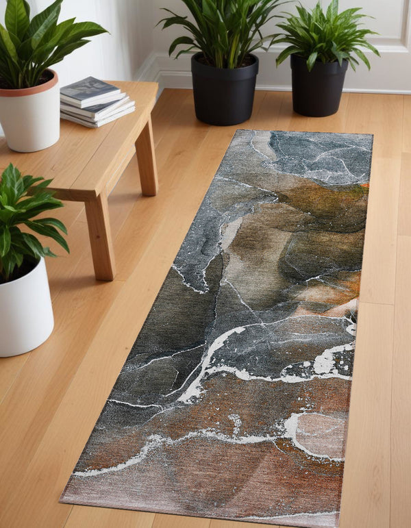 Homeroots 8' Runner Orange Abstract Washable Non Skid Indoor Outdoor Runner Rug Orange Polyester 559461