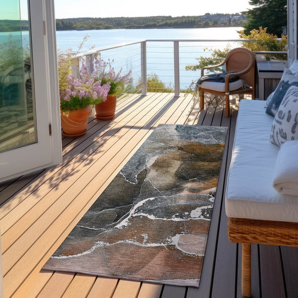 Homeroots 8' Runner Orange Abstract Washable Non Skid Indoor Outdoor Runner Rug Orange Polyester 559461