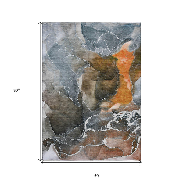 Homeroots 5' X 8' Orange Abstract Washable Non Skid Indoor Outdoor Area Rug Orange Polyester 559464