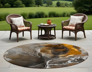 HomeRoots 5' Abstract Area Rug in Ivory, Blue & Gray - Machine Washable, Non-Skid, Indoor & Outdoor Use 8' Round 559465