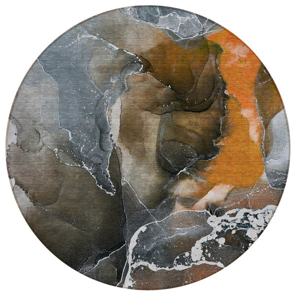 HomeRoots 5' Abstract Area Rug in Ivory, Blue & Gray - Machine Washable, Non-Skid, Indoor & Outdoor Use 8' Round 559465