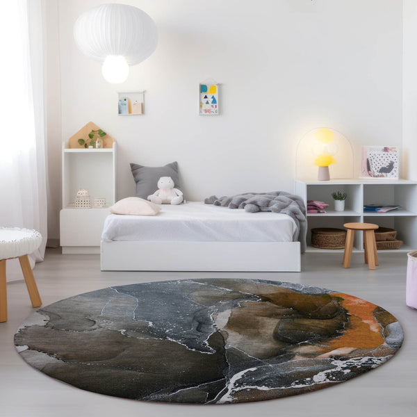 HomeRoots 5' Abstract Area Rug in Ivory, Blue & Gray - Machine Washable, Non-Skid, Indoor & Outdoor Use 8' Round 559465
