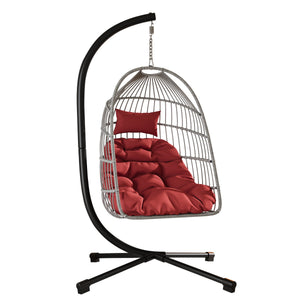 English Elm Foldable Hanging Egg Chair with Stand Pillow, HDPE Wicker, Rust‑Resistant Frame, Cushioned Headrest, 350lb Capacity Red W2500P369714