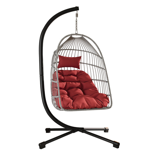 English Elm Foldable Hanging Egg Chair with Stand Pillow, HDPE Wicker, Rust‑Resistant Frame, Cushioned Headrest, 350lb Capacity Red W2500P369714