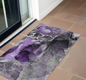 Homeroots 3' X 5' Gray And Purple Abstract Washable Non Skid Indoor Outdoor Area Rug Purple Polyester 559472