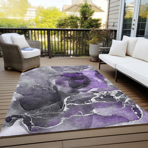 Homeroots 3' X 5' Gray And Purple Abstract Washable Non Skid Indoor Outdoor Area Rug Purple Polyester 559472