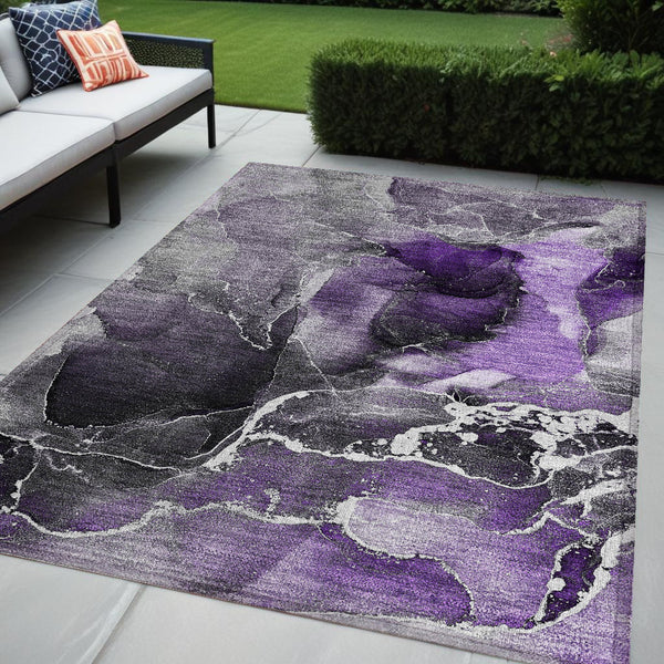 Homeroots 5' X 8' Gray And Purple Abstract Washable Non Skid Indoor Outdoor Area Rug Purple Polyester 559473