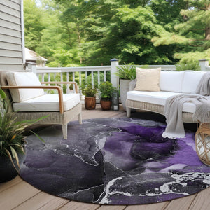HomeRoots 5' Abstract Area Rug in Ivory, Blue & Gray - Machine Washable, Non-Skid, Indoor & Outdoor Use 8' Round 559474