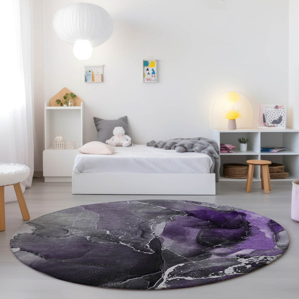 HomeRoots 5' Abstract Area Rug in Ivory, Blue & Gray - Machine Washable, Non-Skid, Indoor & Outdoor Use 8' Round 559474