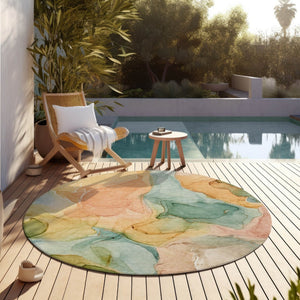 HomeRoots 5' Blue Abstract Washable Area Rug - Durable, Non-Skid, Stylish for Indoor & Outdoor Spaces 8' Round 559483