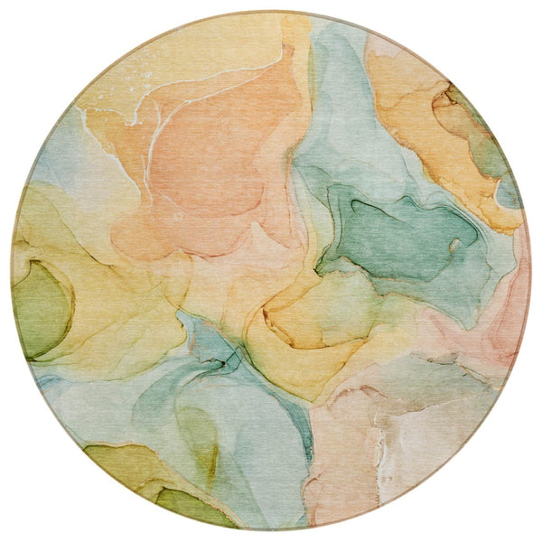HomeRoots 5' Blue Abstract Washable Area Rug - Durable, Non-Skid, Stylish for Indoor & Outdoor Spaces 8' Round 559483