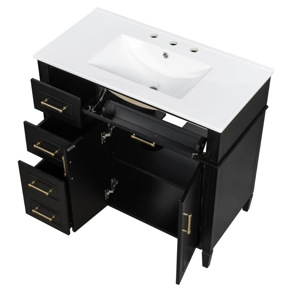 English Elm 36 Inch Freestanding Bathroom Vanity Sage Pine Cabinet Gold Hardware Ceramic Sink Black N725P366466B