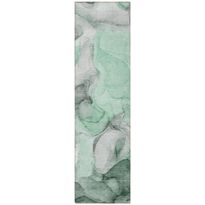 Homeroots 8' Runner Green Abstract Washable Non Skid Indoor Outdoor Runner Rug Green Polyester 559506