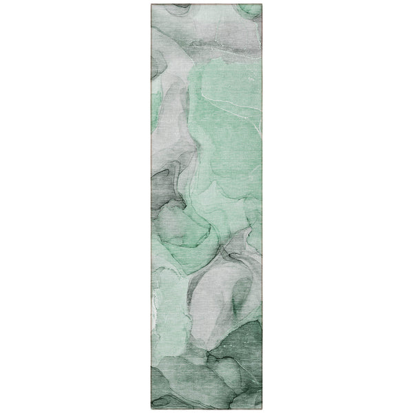 Homeroots 8' Runner Green Abstract Washable Non Skid Indoor Outdoor Runner Rug Green Polyester 559506
