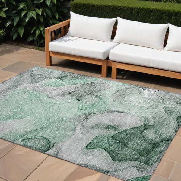 Homeroots 10' X 14' Green Abstract Washable Non Skid Indoor Outdoor Area Rug Green Polyester 559513