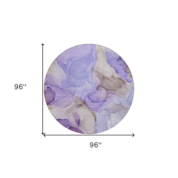 Homeroots 8' Round Gray And Purple Round Abstract Washable Non Skid Indoor Outdoor Area Rug Purple Polyester 559528