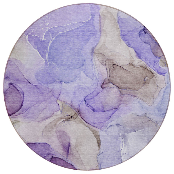 Homeroots 8' Round Gray And Purple Round Abstract Washable Non Skid Indoor Outdoor Area Rug Purple Polyester 559528
