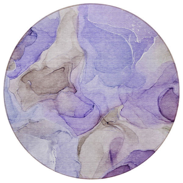 Homeroots 8' Round Gray And Purple Round Abstract Washable Non Skid Indoor Outdoor Area Rug Purple Polyester 559528