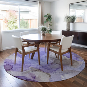 Homeroots 8' Round Gray And Purple Round Abstract Washable Non Skid Indoor Outdoor Area Rug Purple Polyester 559528